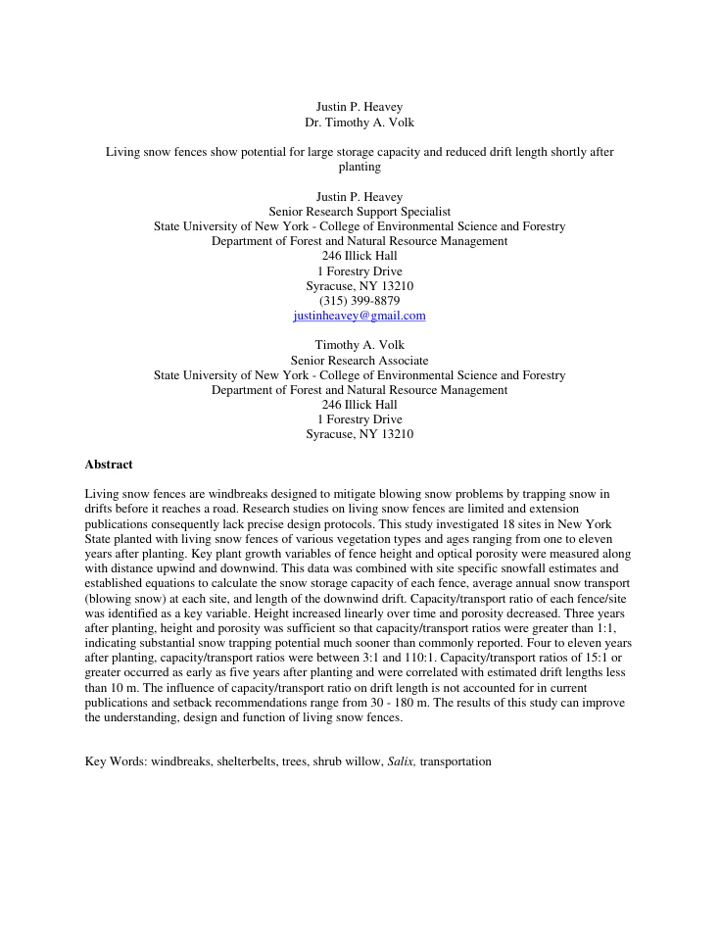Living Snow Fences Show Potential author manuscript first page