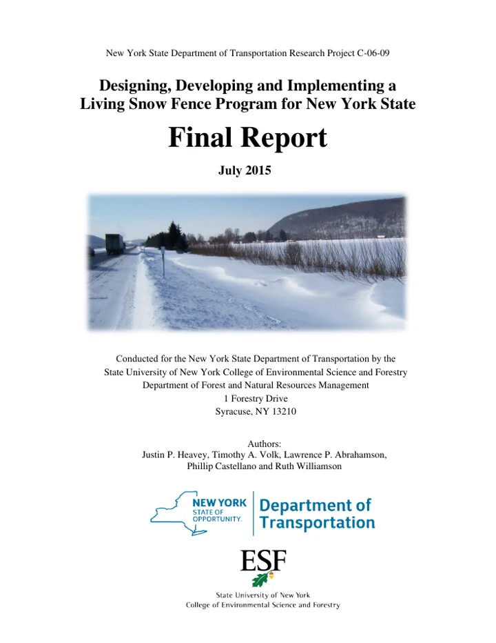Living Snow Fences Handbook technical report cover